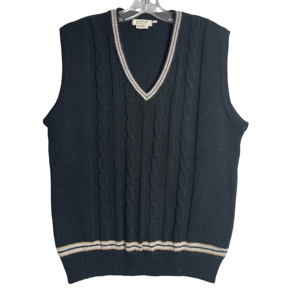 Vintage‎ Jaysport Wool Blend Sweater Vest Men M Black Cable Knit Preppy Academia